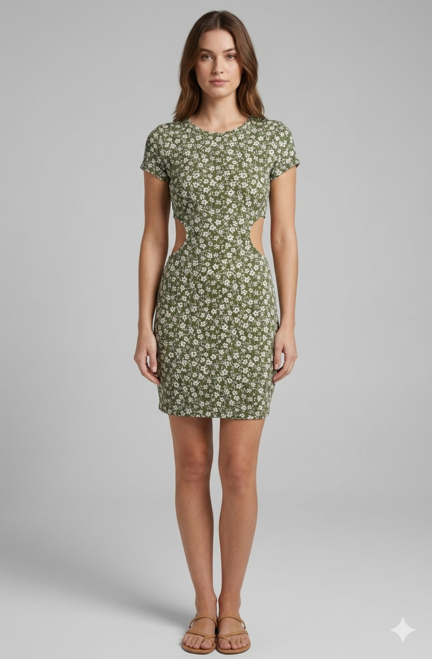 Jessica Simpson Green Floral Cut Out Side Dress Size XL Short Sleeve